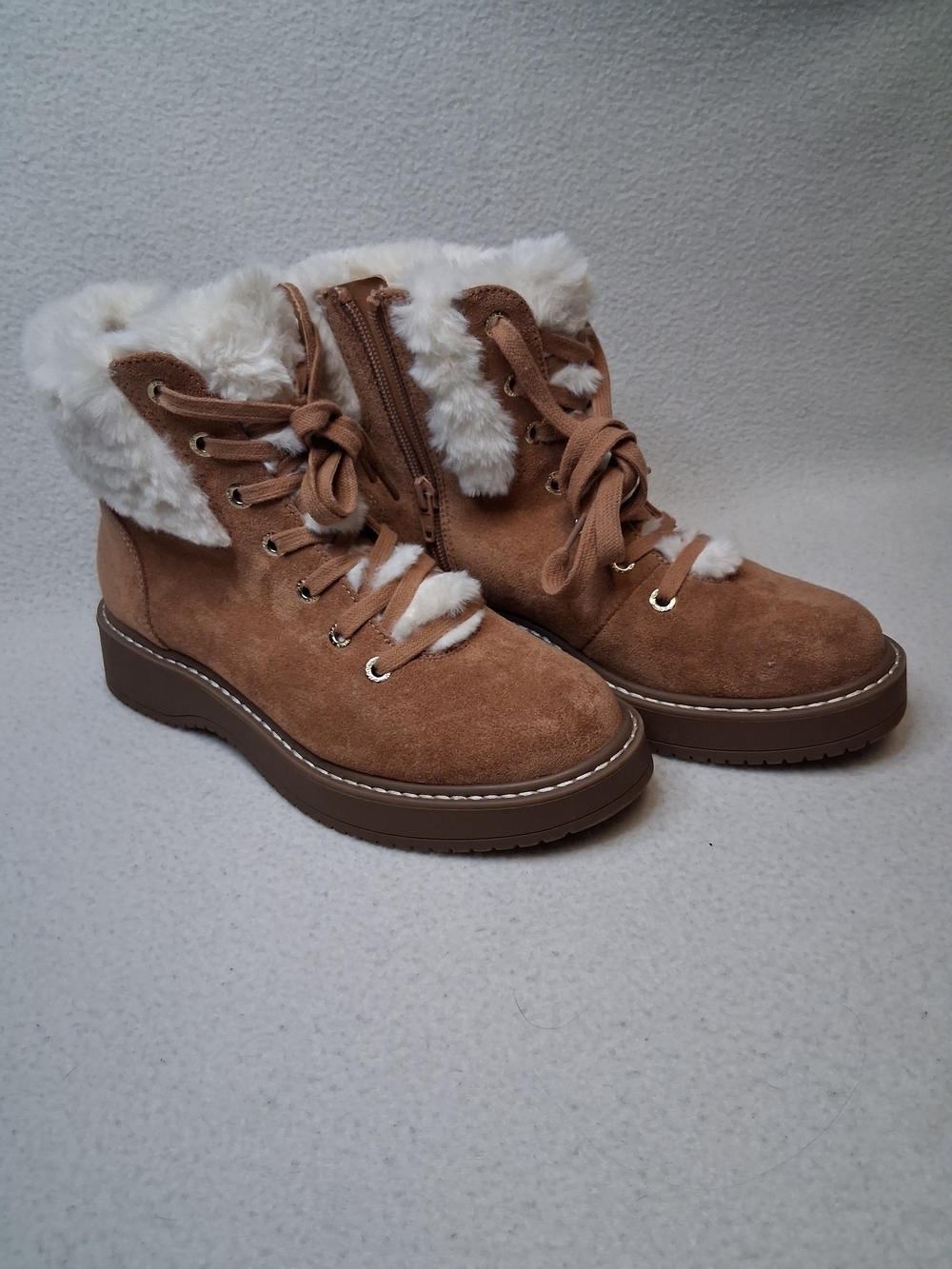 Madden Nyc Women's Tan Faux-Suede Lace-Up Fur-Trim Ankle Boots - Picture 2 of 9
